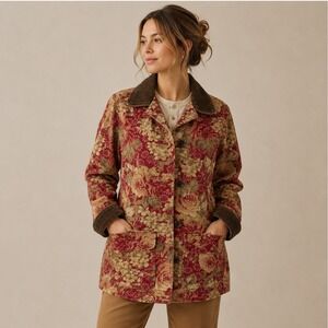 LL Bean VTG 90s Red Floral Tapestry Barn Coat Corduroy Trim Women XSP Chore